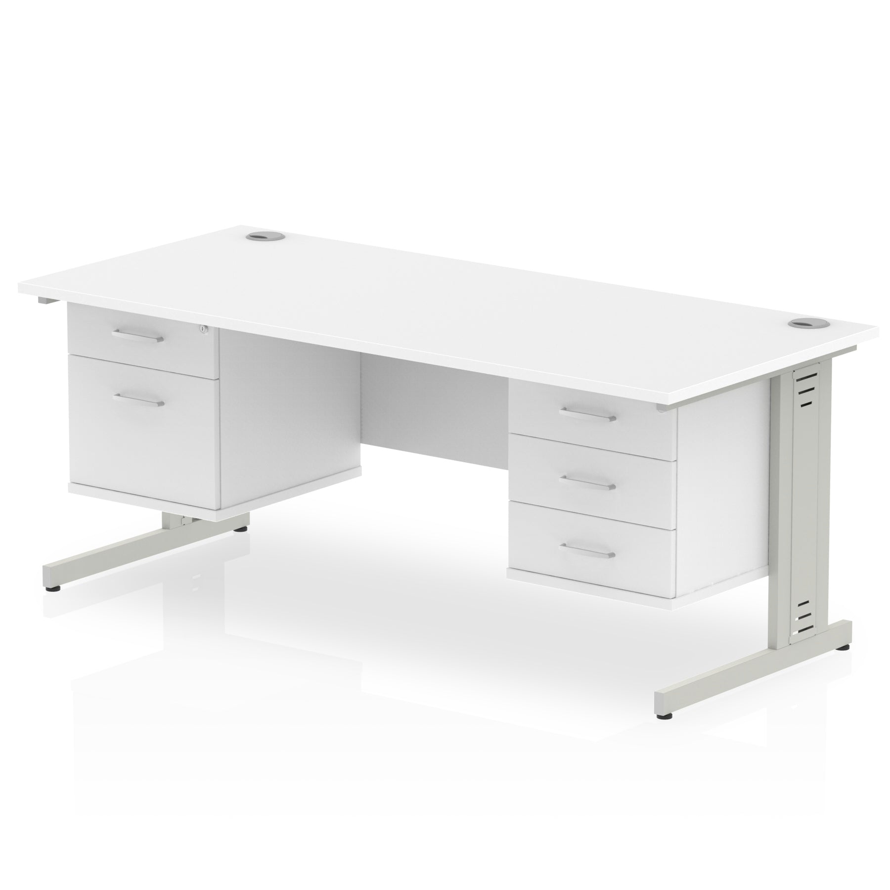 Impulse 1800mm Cable Managed Straight Desk w/ Fixed Pedestal - MFC Rectangular, Self-Assembly, 5-Year Guarantee, 1800x800 Top, Silver/White Frame