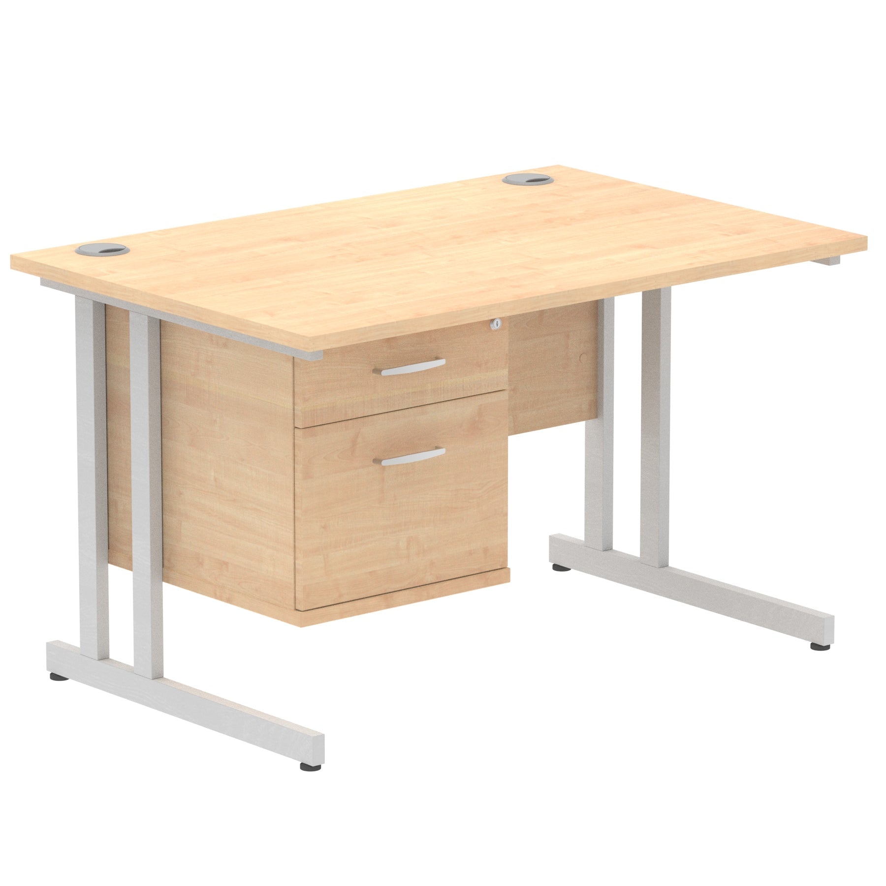 Impulse Cantilever Straight Desk 1200-1800mm Silver Frame, Fixed Pedestal, MFC, 2-3 Lockable Drawers, 5-Year Guarantee, Self-Assembly