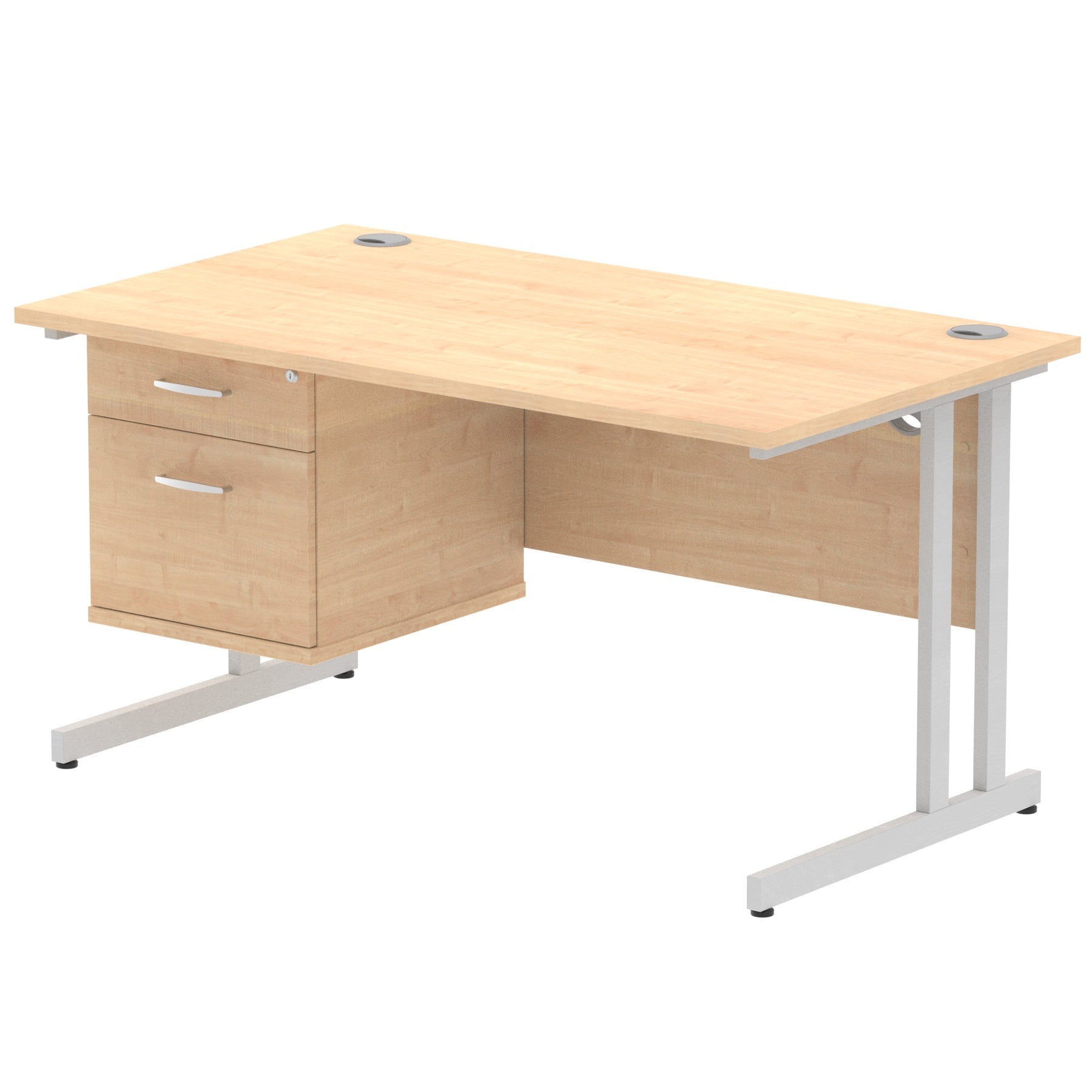 Impulse Cantilever Straight Desk 1200-1800mm Silver Frame, Fixed Pedestal, MFC, 2-3 Lockable Drawers, 5-Year Guarantee, Self-Assembly