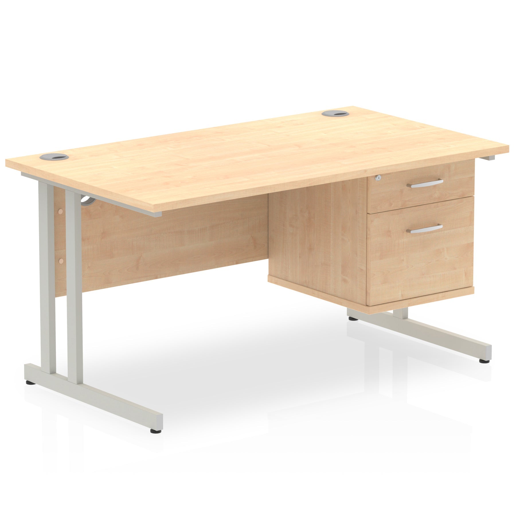 Impulse Cantilever Straight Desk 1200-1800mm Silver Frame, Fixed Pedestal, MFC, 2-3 Lockable Drawers, 5-Year Guarantee, Self-Assembly