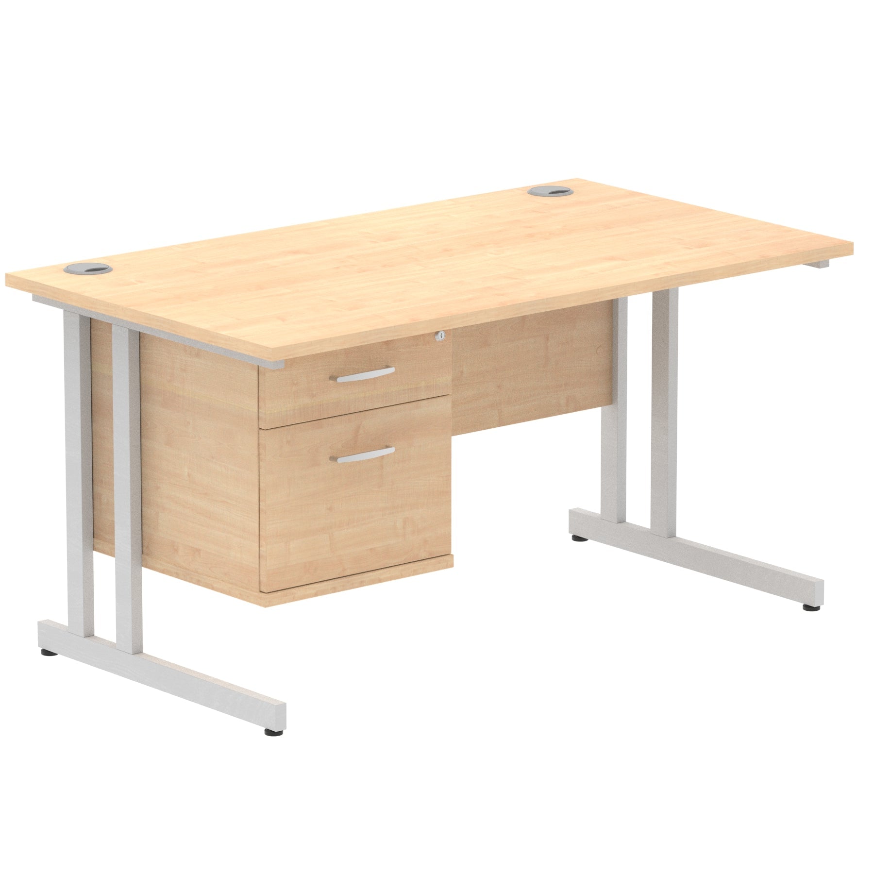 Impulse Cantilever Straight Desk 1200-1800mm Silver Frame, Fixed Pedestal, MFC, 2-3 Lockable Drawers, 5-Year Guarantee, Self-Assembly