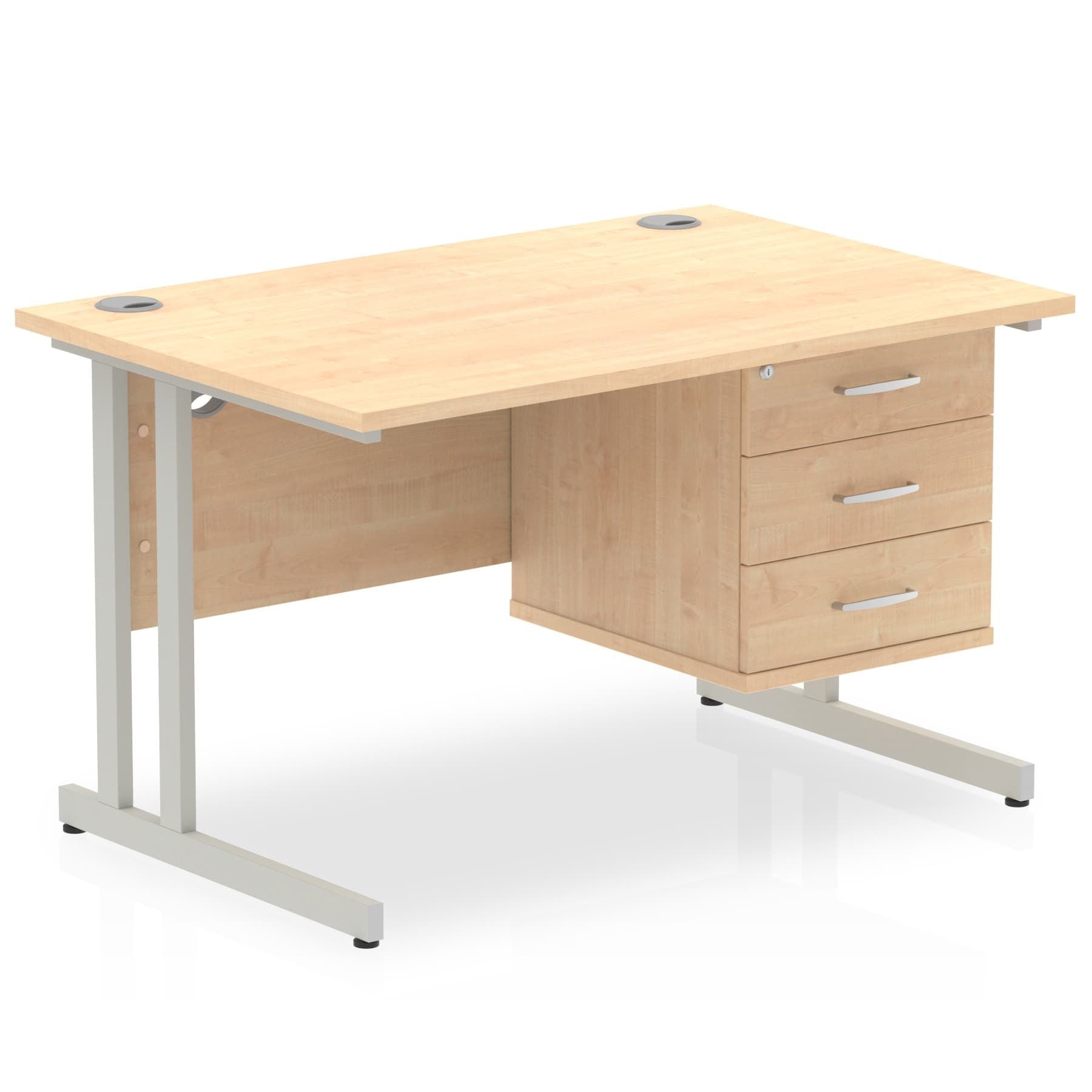 Impulse Cantilever Straight Desk 1200-1800mm Silver Frame, Fixed Pedestal, MFC, 2-3 Lockable Drawers, 5-Year Guarantee, Self-Assembly