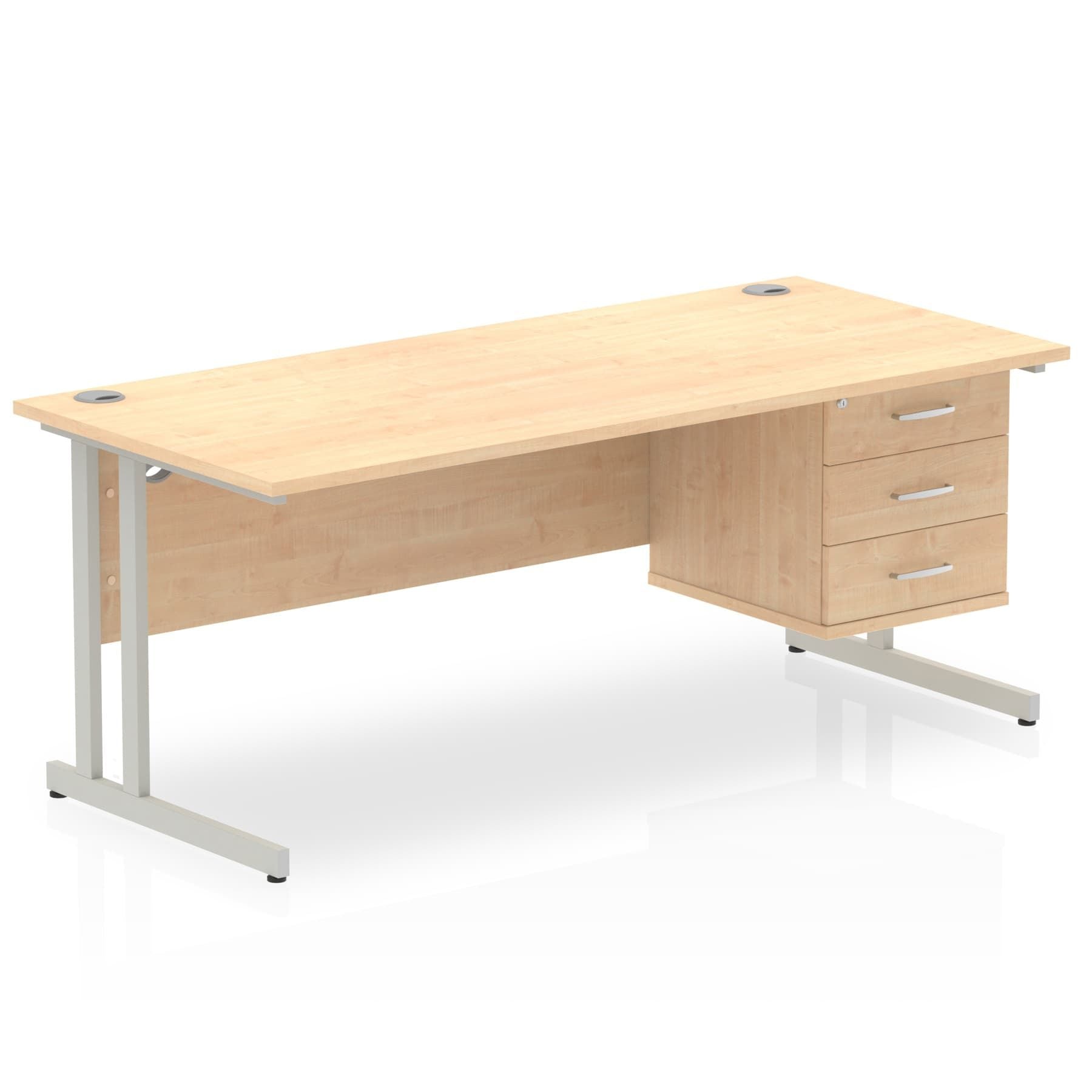 Impulse Cantilever Straight Desk 1200-1800mm Silver Frame, Fixed Pedestal, MFC, 2-3 Lockable Drawers, 5-Year Guarantee, Self-Assembly