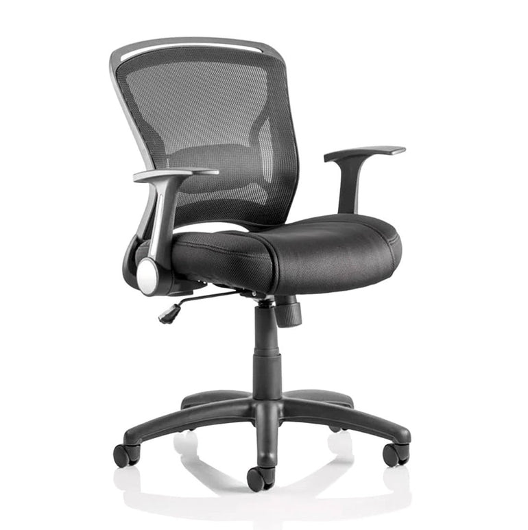 Zeus Medium Mesh Back Office Chair - Task Operator, Fabric Seat, Folding Arms, 125kg Capacity, 8hr Usage, Adjustable Height & Tilt