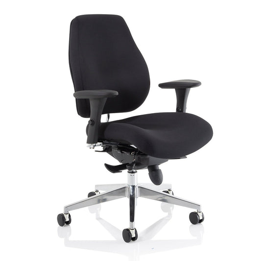 Chiro Plus High Back Ergonomic Posture Chair with Arms - Black Fabric, Chrome Metal Frame, Adjustable Features, 150kg Capacity, 24hr Usage