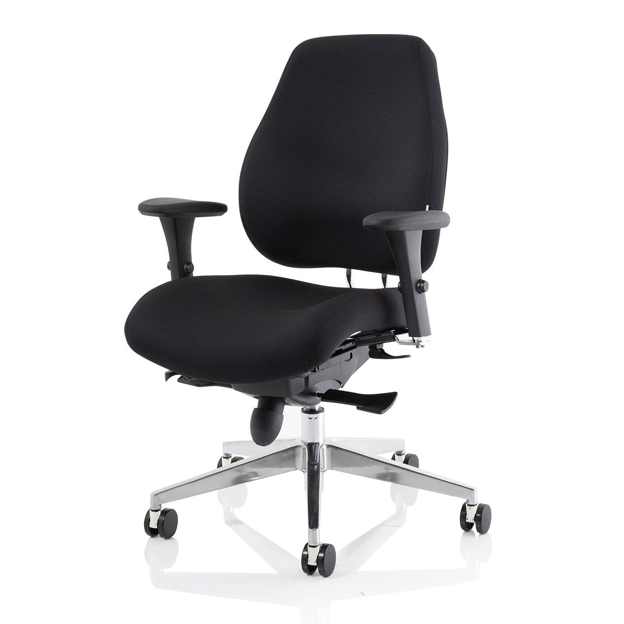 Chiro Plus High Back Ergonomic Posture Chair with Arms - Black Fabric, Chrome Metal Frame, Adjustable Features, 150kg Capacity, 24hr Usage