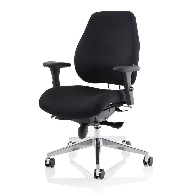 Chiro Plus High Back Ergonomic Posture Chair with Arms - Black Fabric, Chrome Metal Frame, Adjustable Features, 150kg Capacity, 24hr Usage