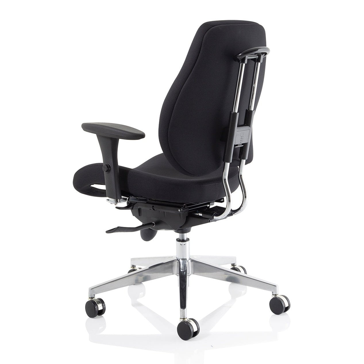 Chiro Plus High Back Ergonomic Posture Chair with Arms - Black Fabric, Chrome Metal Frame, Adjustable Features, 150kg Capacity, 24hr Usage