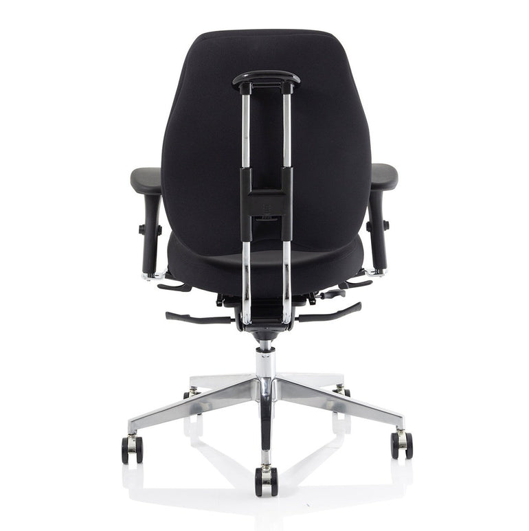 Chiro Plus High Back Ergonomic Posture Chair with Arms - Black Fabric, Chrome Metal Frame, Adjustable Features, 150kg Capacity, 24hr Usage