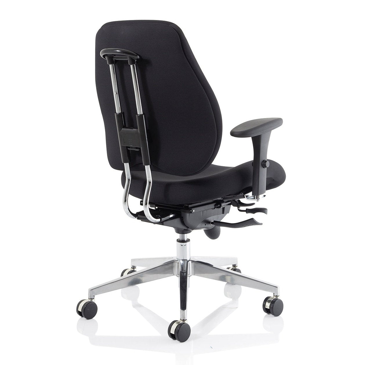 Chiro Plus High Back Ergonomic Posture Chair with Arms - Black Fabric, Chrome Metal Frame, Adjustable Features, 150kg Capacity, 24hr Usage