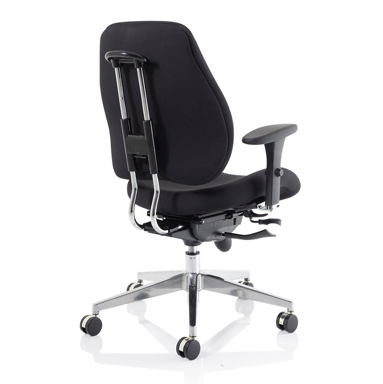 Chiro Plus High Back Ergonomic Posture Chair with Arms - Black Fabric, Chrome Metal Frame, Adjustable Features, 150kg Capacity, 24hr Usage