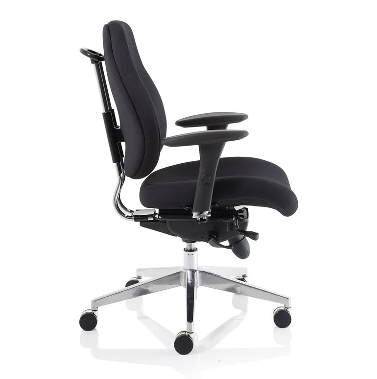 Chiro Plus High Back Ergonomic Posture Chair with Arms - Black Fabric, Chrome Metal Frame, Adjustable Features, 150kg Capacity, 24hr Usage