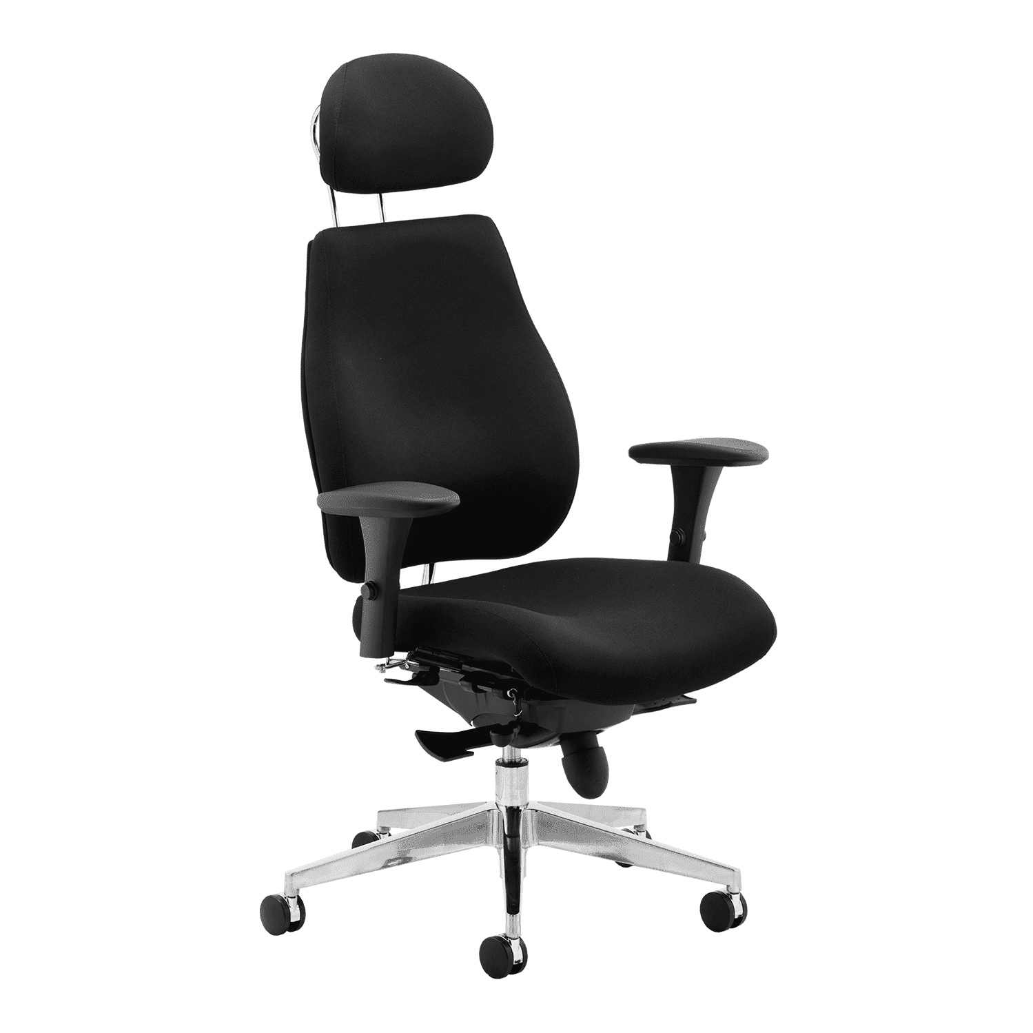 Chiro Plus High Back Ergonomic Posture Chair with Arms - Black Fabric, Chrome Metal Frame, Adjustable Features, 150kg Capacity, 24hr Usage