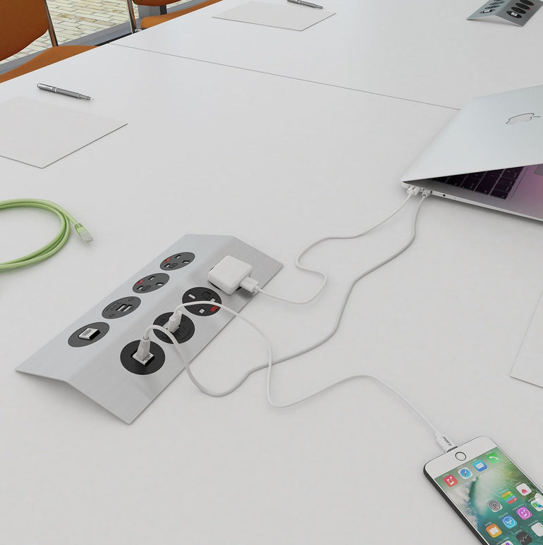 Tholus in-table power module 4 UK sockets, 2 x TUF A&C connectors USB charger - brushed steel/black - Office Products Online