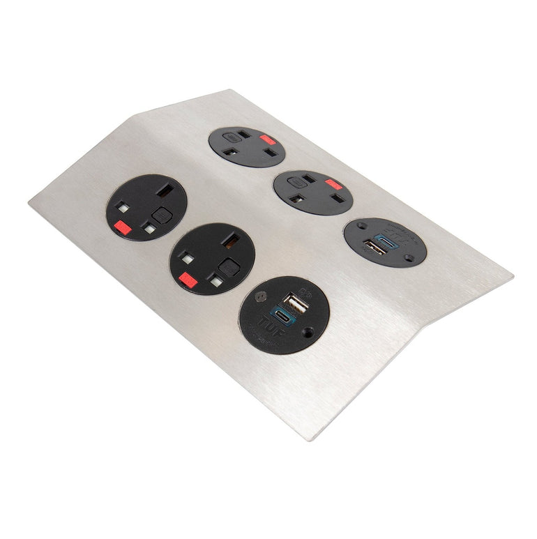 Tholus in-table power module 4 UK sockets, 2 x TUF A&C connectors USB charger - brushed steel/black - Office Products Online
