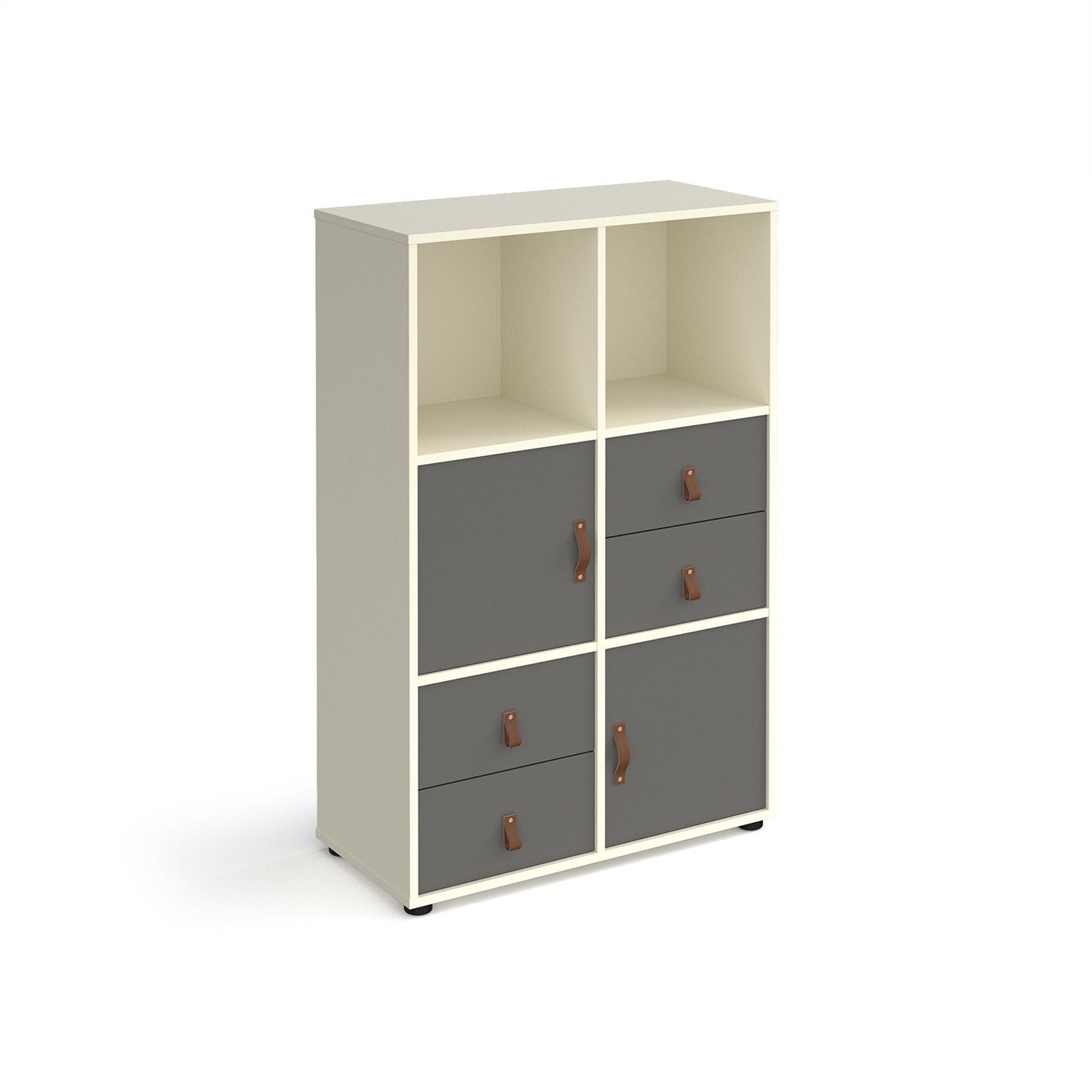 Universal cube storage unit 1295mm high on glides with cupboards and 2 sets of drawers - Office Products Online