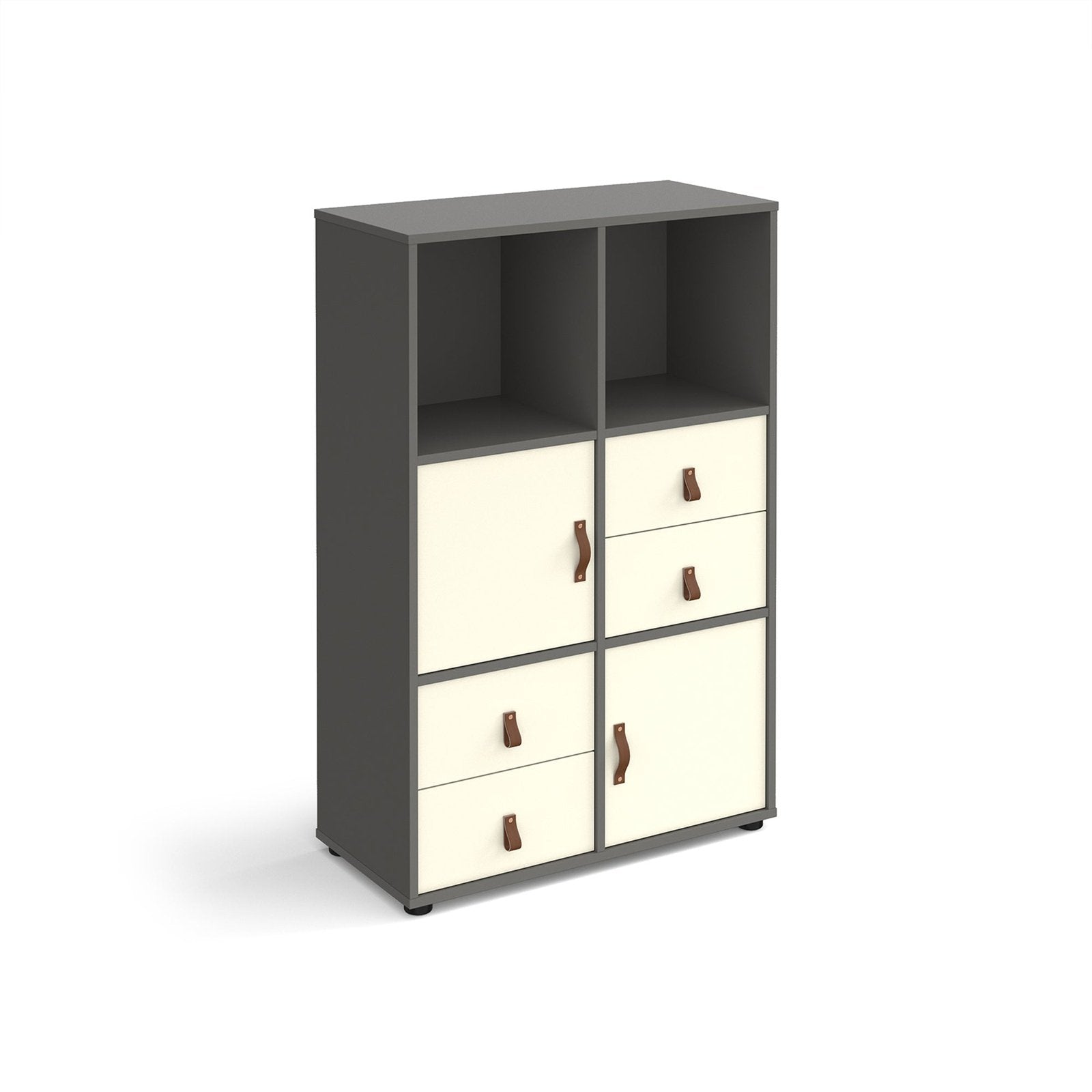 Universal cube storage unit 1295mm high on glides with cupboards and 2 sets of drawers - Office Products Online